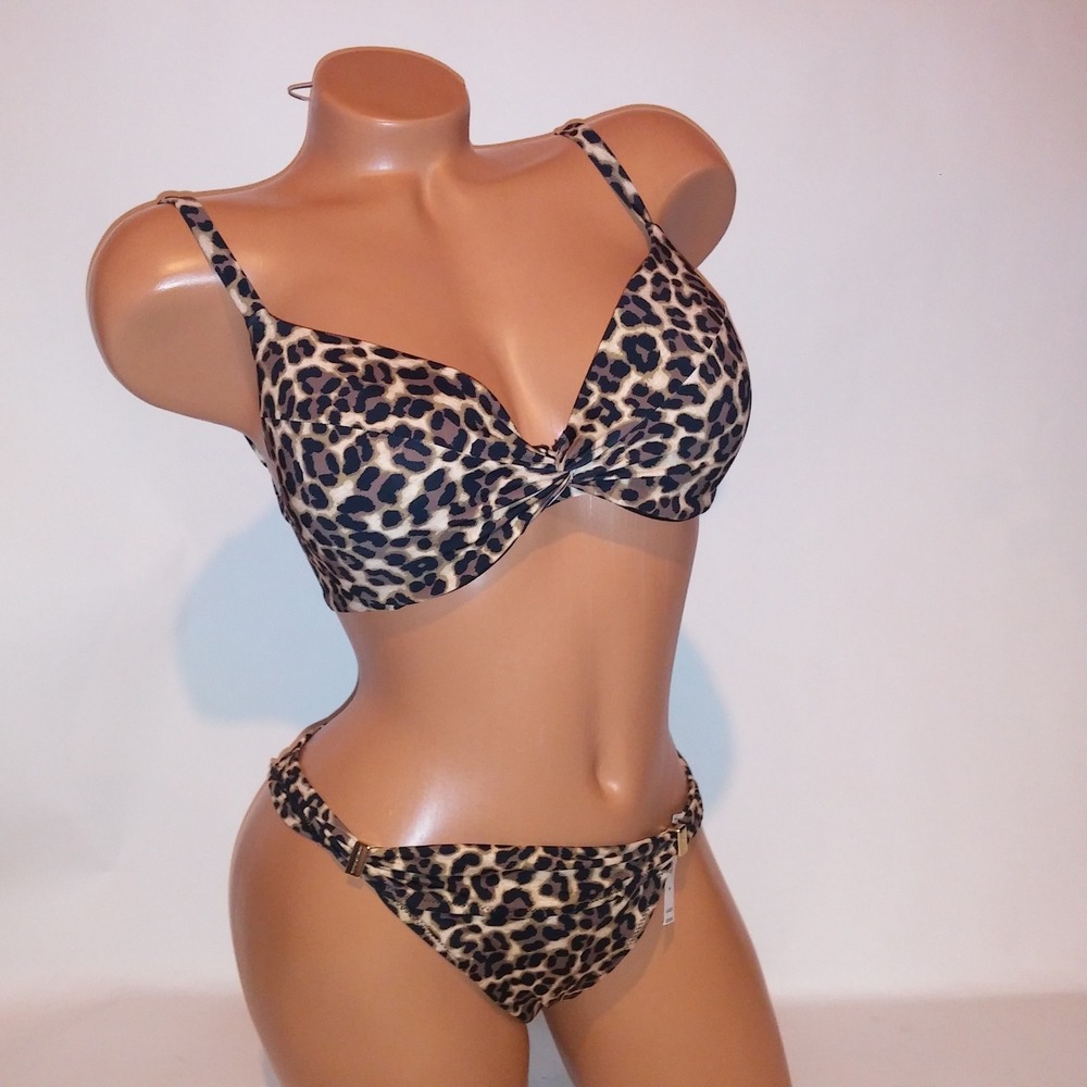 Victoria Secret Swim Bikini 32DD Top Medium Bottom Leopard Animal Print Push Up